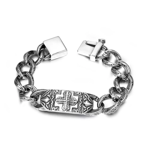 Bracciale Da Uomo Goth Con Croce In Acciaio Al Titanio Catena Link Incisa Gioielli Retro Punk Hip Hop Regalo