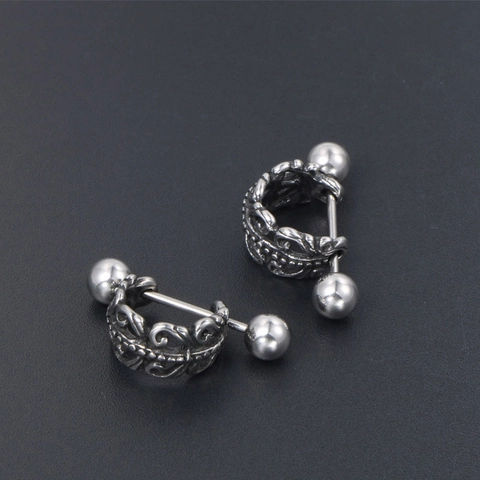 Vintage Stainless Steel Filigree Barbell Stud Earrings Hollow Scroll Pattern Gothic Screw Back Jewelry For Men Women