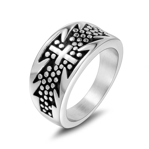 Vintage Titanium Steel Cross Ring For Men Punk Gothic Polka Dot Pattern Silver Band Ring Cool Fashion Jewelry Gift