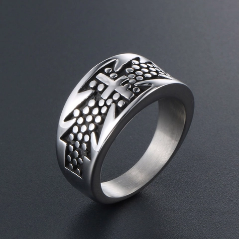 Vintage Titanium Steel Cross Ring For Men Punk Gothic Polka Dot Pattern Silver Band Ring Cool Fashion Jewelry Gift