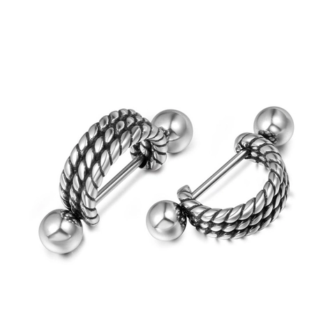 Punk Stainless Steel Barbell Stud Earrings For Men Women Vintage Rope Texture Screw Ball Helix Cartilage Piercing Jewelry