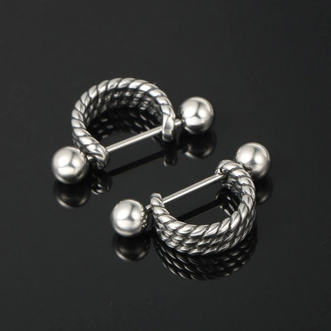 Punk Stainless Steel Barbell Stud Earrings For Men Women Vintage Rope Texture Screw Ball Helix Cartilage Piercing Jewelry
