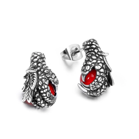 Punk Gothic Dragon Claw Stud Earrings 316L Stainless Steel With Red Black Rhinestone For Men Women Retro Cool Jewelry