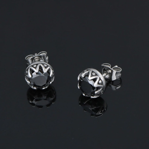 Orecchini a Bottone Retro Corona in Acciaio Inossidabile per Uomo Donna Strass Rotondo Stile Punk Gioielli Argento