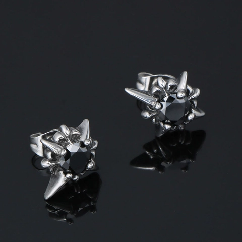 Punk Gothic Titanium Steel Starburst Stud Earrings For Men Cross Spikes Rhinestone Inlaid Polish Rock Biker Jewelry