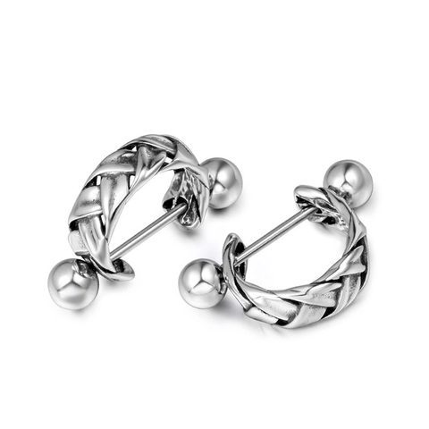 Titanium Steel Braided Woven Texture Barbell Stud Earrings Vintage Punk Rock Industrial Style Piercing Jewelry For Men Women