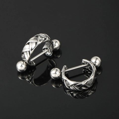 Titanium Steel Braided Woven Texture Barbell Stud Earrings Vintage Punk Rock Industrial Style Piercing Jewelry For Men Women