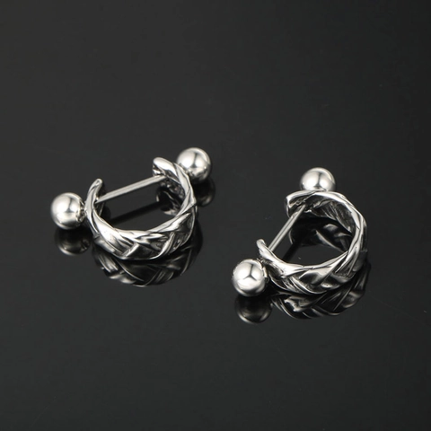 Titanium Steel Braided Woven Texture Barbell Stud Earrings Vintage Punk Rock Industrial Style Piercing Jewelry For Men Women