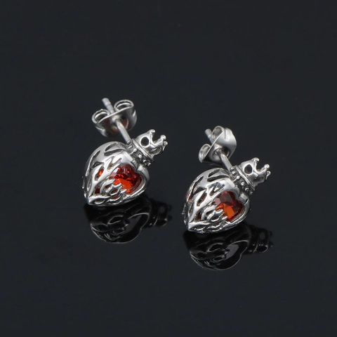 Orecchini a Bottone a Cuore con Corona in Acciaio Inossidabile Vintage per Donna Gioielli Intarsiati in Strass Rosso Nero Punk Gotico Regalo