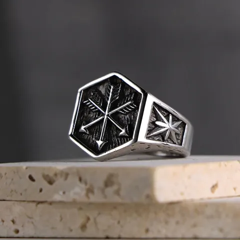 Men Retro Hexagonal Stainless Steel Crossed Arrow Signet Ring Gothic Vintage Blackened Titanium Steel Punk Biker Finger Jewelry