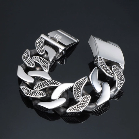 Bracciale da Uomo Pesante in Acciaio Inossidabile a Maglia Cubana Texture Puntinata Retro Catena d'Argento Gioielli Punk per Uomo