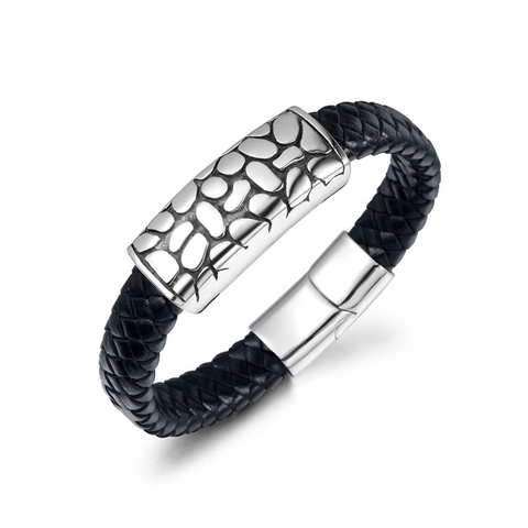 Bracciale da Uomo in Pelle Artificiale Intrecciata in Acciaio al Titanio Stile Punk Business Trama di Roccia