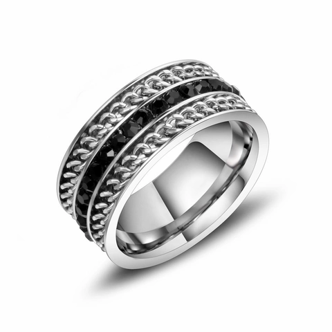 Unisex Titanium Steel Band Ring With Black Rhinestone Inlaid Cuban Chain Texture Punk Rock Style Jewelry Finger Ring Accessory