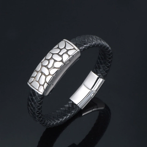 Bracciale da Uomo in Pelle Artificiale Intrecciata in Acciaio al Titanio Stile Punk Business Trama di Roccia