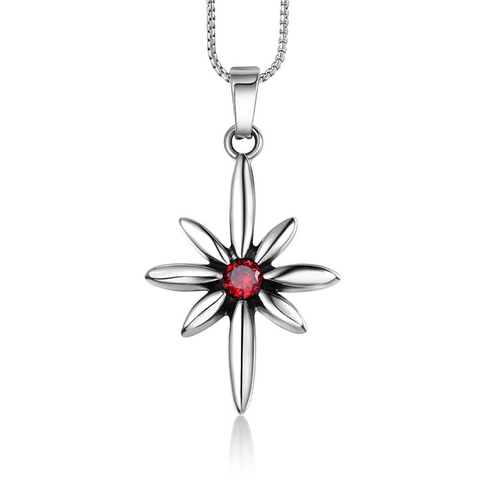 Punk Titanium Steel Cross Star Necklace Red Rhinestone Inlaid Geometric Pendant Vintage Unisex Trendy Jewelry Necklace
