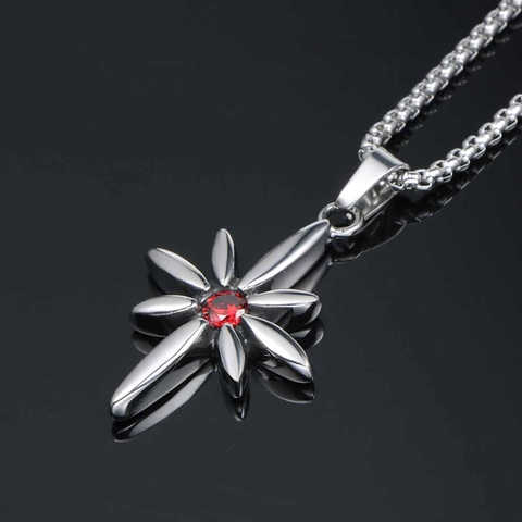 Punk Titanium Steel Cross Star Necklace Red Rhinestone Inlaid Geometric Pendant Vintage Unisex Trendy Jewelry Necklace