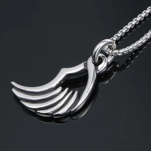 Vintage Punk Angel Wing Pendant Necklace For Men Women Titanium Steel Polished Single Wing Charm Gothic Jewelry Necklace