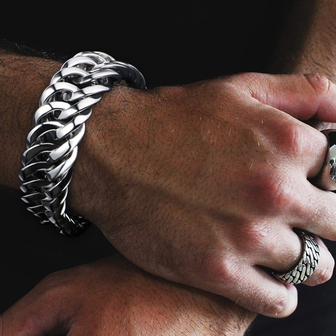 Bracciale Catena Cubana Pesante da Uomo in Acciaio al Titanio Lucido Argento Catena Grossa Hip Hop Punk Gioielli Accessori