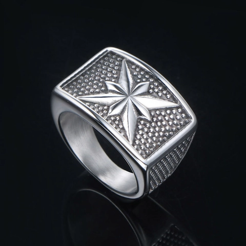 Vintage Punk Titanium Steel Eight-Pointed Star Ring For Men Retro Octagram Compass Signet Band Biker Jewelry Accessory