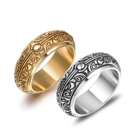 Anello Spinner in Acciaio al Titanio Vintage per Uomo Donna con Motivo Mantra a Rilievo Oro Acciaio Bicolore Fidget Ring Gioielli
