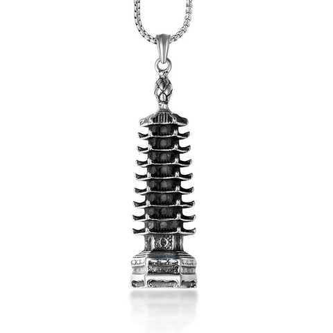 Vintage Edelstahl Pagode Anhänger Halskette Für Herren Retro Distressed Architektur Turm Anhänger Modeschmuck Geschenk