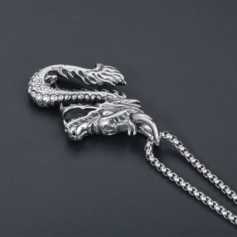 Vintage Stainless Steel Dragon Pendant Necklace For Men Retro Chinese Dragon Punk Hip Hop Silver Tone Jewelry No Chain