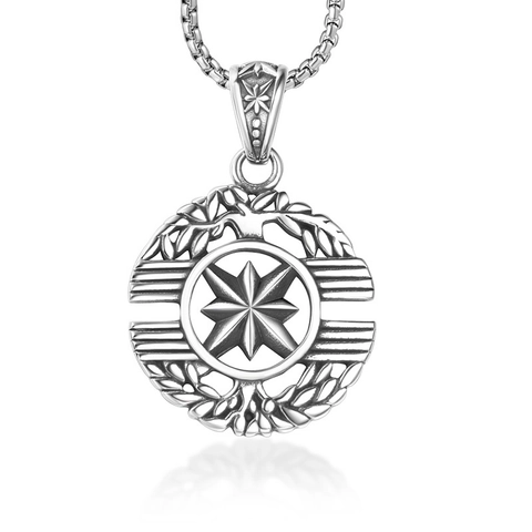 Vintage Stainless Steel Eight-Pointed Star Compass Tree Of Life Pendant Necklace For Men Retro Polished Round Hollow Medallion Jewelry Gift
