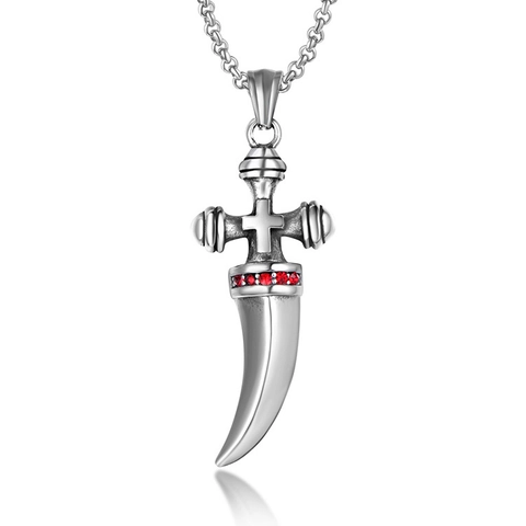 Gothic Titanium Steel Cross Dagger Pendant Necklace Red Rhinestone Retro Punk Jewelry For Men