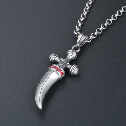 Gothic Titanium Steel Cross Dagger Pendant Necklace Red Rhinestone Retro Punk Jewelry For Men