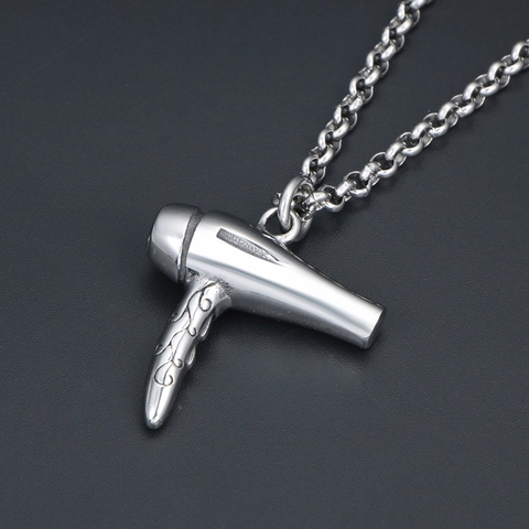 Creative Hair Dryer Shape Pendant Necklace Punk Stainless Steel Jewelry For Men Hairdresser Stylist Gift Silver Color