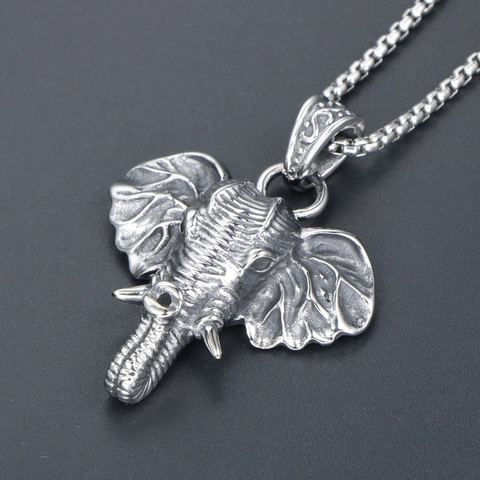 Retro Stainless Steel Elephant Head Pendant Necklace For Men Women Ethnic Punk Style Lucky Elephant Mascot Jewelry Necklace