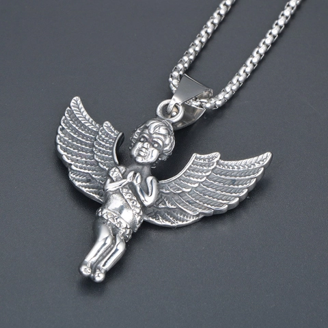 Vintage Titanium Steel Angel Pendant Punk Street Style Angel Wings Jewelry For Men Women Silver Color Religious Ornament