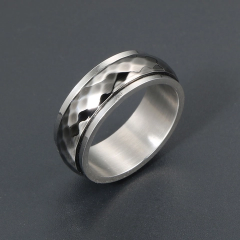Rétro Punk Acier Titane Rotatif Texture Martelé Spinner Ring Pour Hommes Soulagement Stress Bijoux Anneau Argent
