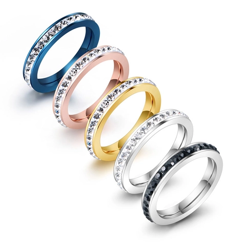 Anello Eternity in Acciaio al Titanio con Strass Semplice Galvanico Oro Argento Oro Rosa Nero Blu Gioielli per Donna Uomo