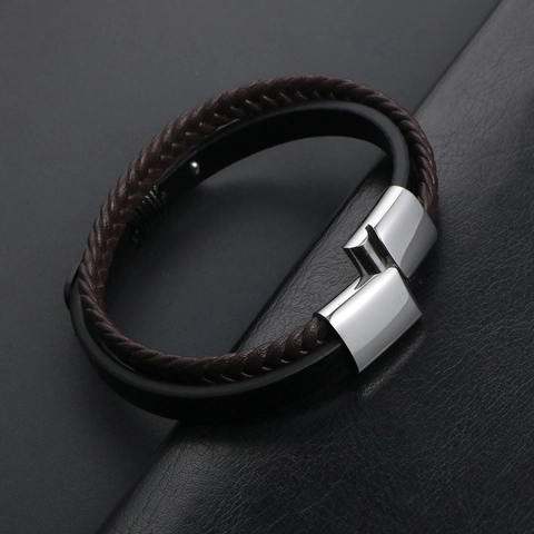 Heren Retro Meerlaagse Gevlochten Leren Armband Titaniumstaal Klinknagel Magneetsluiting Punk Stijl Armband Sieraden Cadeau