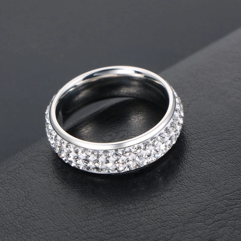 Anello in Acciaio Inossidabile con Tripla Fila di Strass per Uomo Donna Moda Geometrica Incastonata Matrimonio Festa Gioielli