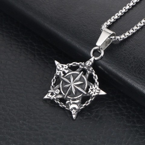 Collier Pendentif Étoile Pentagramme en Acier Inoxydable Vintage Gothique Crâne Lune Symboles Occultes Bijoux Cadeau Hommes Femmes