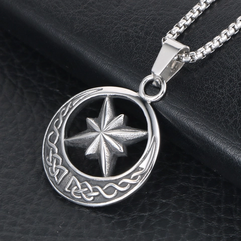 Vintage Stainless Steel Eight-pointed Star Crescent Moon Pendant Necklace Gothic Celtic Knot Compass Retro Jewelry For Men Women