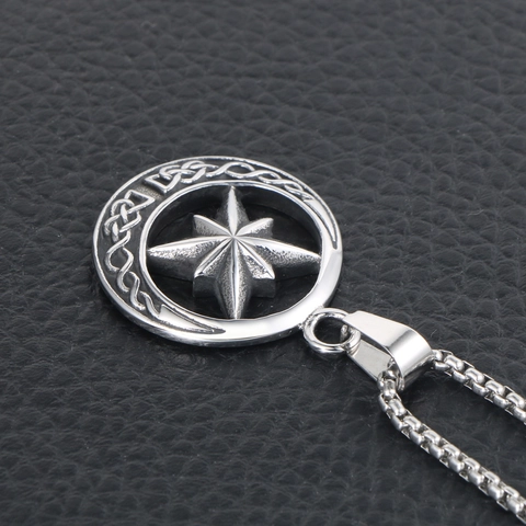 Vintage Stainless Steel Eight-pointed Star Crescent Moon Pendant Necklace Gothic Celtic Knot Compass Retro Jewelry For Men Women
