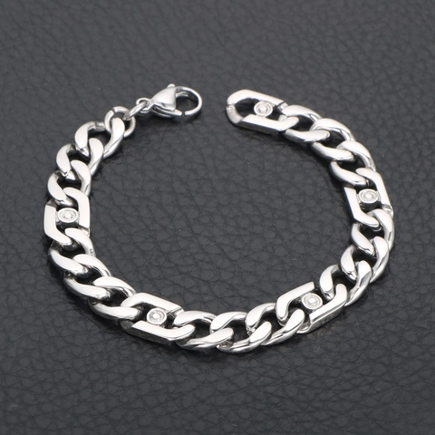 Minimalist Silver Color Polished Titanium Steel Cuban Link Bracelet For Men With Rhinestone Inlay Street Fashion Jewelry Gift