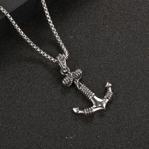 Vintage Punk Anchor Pendant Necklace Titanium Steel Nautical Jewelry For Men With Rhinestone Inlaid Box Chain Gift