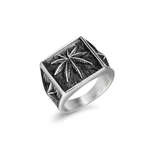 Anello con Sigillo Quadrato Inciso a Foglia in Acciaio Inossidabile Vintage per Uomo Gioielli Biker Rock Punk Hip Hop