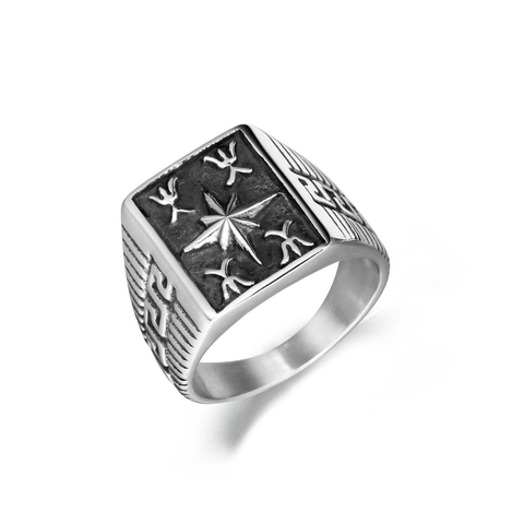 Anello a Sigillo da Uomo Vintage in Acciaio al Titanio con Stella Polare Modello Meandro Vichingo Nordico Gioielli Punk