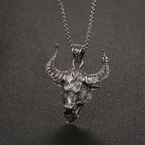 Hip Hop Men Titanium Steel Bull Head Pendant Necklace Antique Silver Gothic Bull Skull Animal Pendant Vintage Jewelry Gift For Men