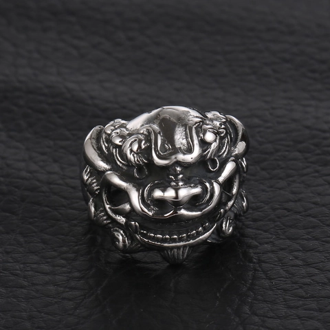 Vintage Stainless Steel Qilin Ring For Men Retro Lion Head Wide Signet Finger Ring Punk Hip Hop Jewelry Gift