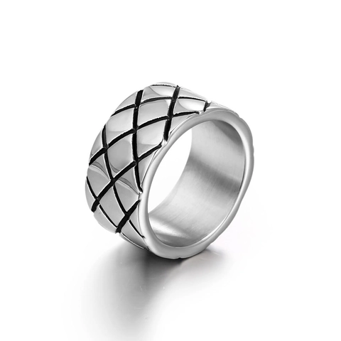 Anello Vintage in Acciaio Inossidabile con Motivo Trapuntato per Uomo Donna Anello a Fascia Geometrico a Rombi Gioielli di Moda