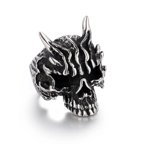 Men's Gothic Punk Skull Ring With Devil Horns Distressed Titanium Steel Retro Exaggerated Ghost Finger Ring Jewelry Gift