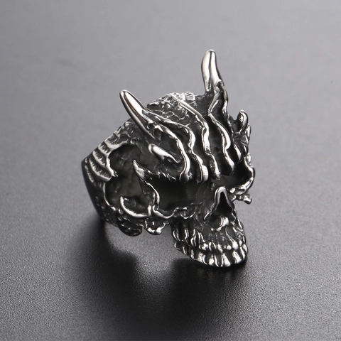 Men's Gothic Punk Skull Ring With Devil Horns Distressed Titanium Steel Retro Exaggerated Ghost Finger Ring Jewelry Gift