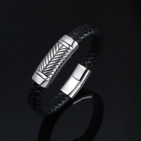 Bracciale da Uomo in Pelle Intrecciata di Moda Chiusura Magnetica in Acciaio Inossidabile Motivo a Spiga Gioielli Vintage