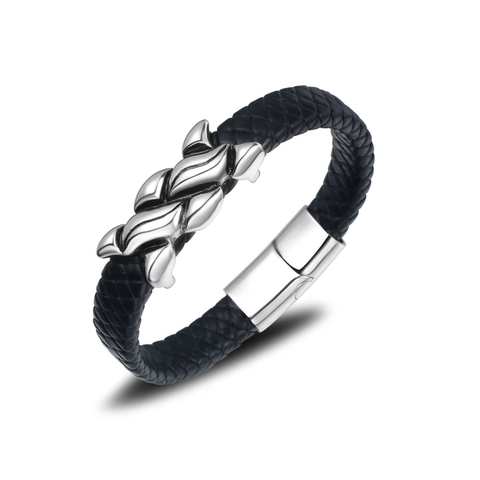 Bracciale da Uomo in Pelle Intrecciata e Acciaio Inossidabile Con Ciondolo in Metallo a Onde Lucide Cinturino Moda Nero Argento